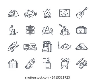 Outdoor travel line icons set. Camping, hiking and trekking. Campfire, axe, first aid kit, knife and tent. Design element for application. Outline simple vector collection isolated on white background