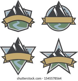 Outdoor Travel Scenic Mountain Logo Set in Shield, Circle, Triangle and Star Shapes, Isolated Vector Illustration