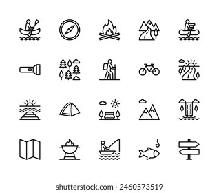 Outdoor travel vector linear icons set. Contains such icons as Outdoor travel, rafting, river, kayak, compass, bonfire and more. Isolated icon collection of outdoor travel on white background.