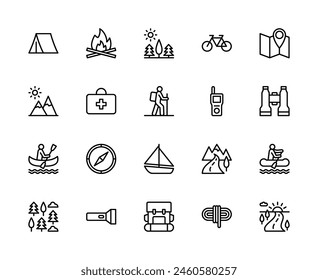 Conjunto de iconos lineales de Vector de viaje al aire libre. Contiene iconos como Viajes al aire libre, tienda, camping, hoguera, bicicleta, mapa, sol y más. Icono aislado colección de viajes al aire libre sobre fondo blanco.