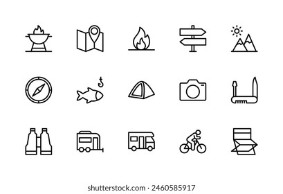 Conjunto de iconos lineales de Vector de viaje al aire libre. Colección de íconos aislados como fuego, barbacoa, parrilla, mapa, hoguera, dirección, sol, montañas y más. Icono aislado colección de viajes al aire libre.