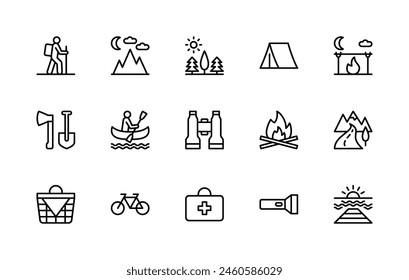 Outdoor travel vector linear icons set. Isolated icon collection such as tourist, backpacker, equipment, trail, path, Sun, forest, tent, fire and more. Isolated icon collection of Outdoor travel.