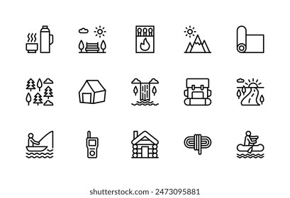 Outdoor travel vector linear icons set. Isolated icon collection such as thermos, cup, tea, coffee, hot, a park, tree, cloud, Sun, bench and more. Isolated icon collection of Outdoor travel.