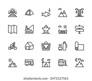 Lineare Symbole für die Vektorgrafik im Freien. Enthält solche Icons wie Sonne, Horizont, Sonnenaufgang, Meer, Pier, Zelt, Fisch, Berge und mehr. Isolierte Icon-Kollektion von Reisen im Freien auf weißem Hintergrund.