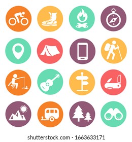 Outdoor traveling icons. Tourism, hiking and camping colored signs set. Vector illustration