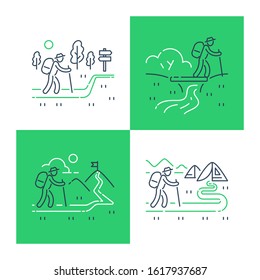 Outdoor trekking concept, nature hiking, natural tourism, ecological path, ascent mountains, trail walking, summer camping, cross country hike, wild adventure tour, vector line illustration