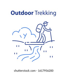 Outdoor trekking concept, nature hiking, natural tourism, ecological path, trail walking, summer camping, cross country hike, wild adventure tour, vector line illustration