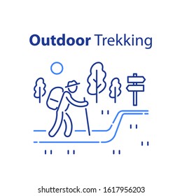 Outdoor trekking concept, nature hiking, natural tourism, ecological path, trail walking, summer camping, cross country hike, wild adventure tour, vector line illustration
