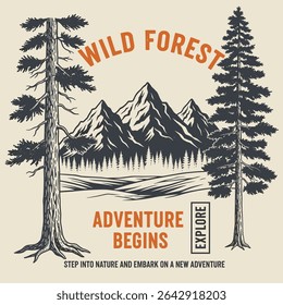 outdoor t-shirt graphics. Autumn winter graphics print artwork. adventure t-shirt design. mens graphic design.wild forest tee