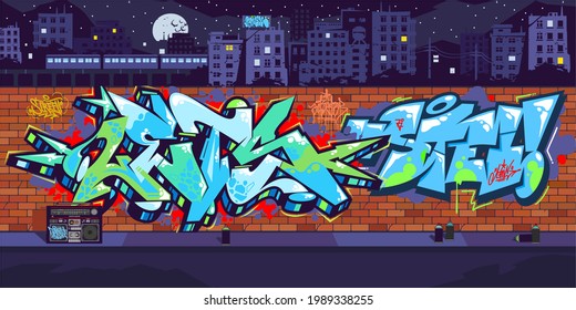 Outdoor Urban Graffiti Wall With Drawings At Night Against The Background Of The Cityscape Vector Illustration Art
