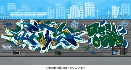 Outdoor Urban Graffiti Wall With Drawings Against The Background Of The Cityscape Vector Illustration Art
