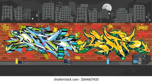 Outdoor Urban Graffiti Wall With Drawings At Night Against The Background Of The Cityscape Vector Illustration Art