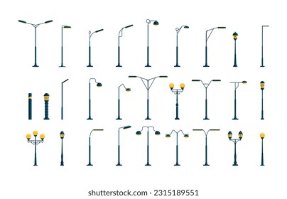 Outdoor urban light. Electric street lamp icons, modern and vintage town lamp post ornamental design, old streetlamp electric power. Vector set. Realistic metal lampposts for streetlight