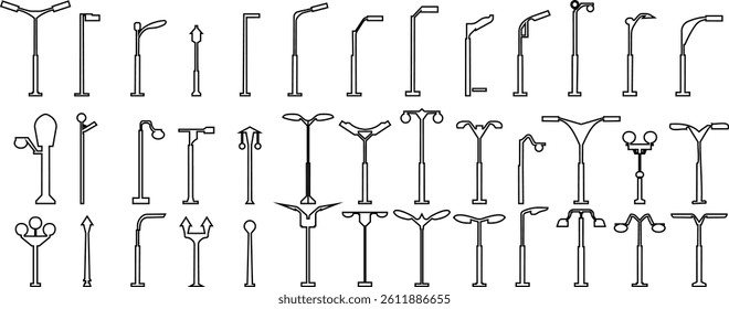 Outdoor urban light. Electric street lamp icon set, modern and vintage town lamp post ornamental design, old streetlamp electric power . Realistic metal lampposts ,Elements for landscape construction.