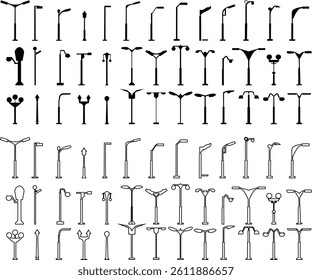 Outdoor urban light. Electric street lamp icon set, modern and vintage town lamp post ornamental design, old streetlamp electric power . Realistic metal lampposts ,Elements for landscape construction.