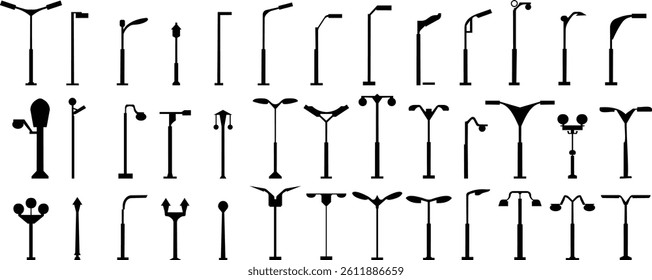 Outdoor urban light. Electric street lamp icon set, modern and vintage town lamp post ornamental design, old streetlamp electric power . Realistic metal lampposts ,Elements for landscape construction.