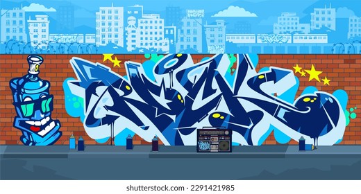 Outdoor Urban Streetart Graffiti Wall With Drawings Against The Background Of The Cityscape Vector Illustration