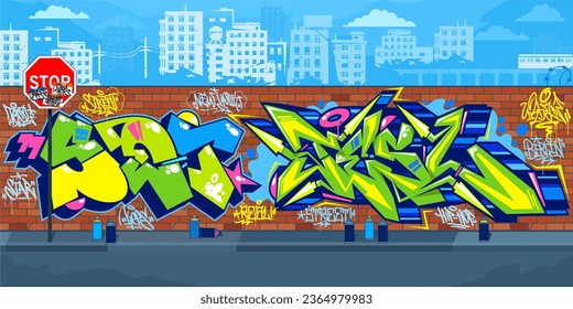 Outdoor Urban Streetart Graffiti Wall With Drawings Against The Background Of The Cityscape Vector Illustration