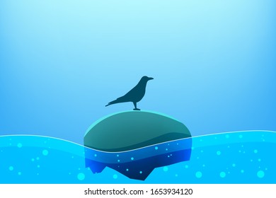 Outdoor vector design. Nature at noon. Beautiful landscape with sea, island and bird. Colored illustration for your project in blue and green.