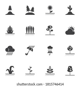 Juego de iconos vectoriales al aire libre, colección moderna de símbolos sólidos, paquete de pictogramas estilo relleno. Señales, ilustración del logotipo. El conjunto incluye iconos como nube meteorológica, árbol forestal, planta de cultivo, cactus, paraguas de lluvia