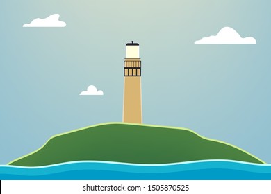 Outdoor vector illustration design. Beautiful landscape with lighthouse. Nature at noon.