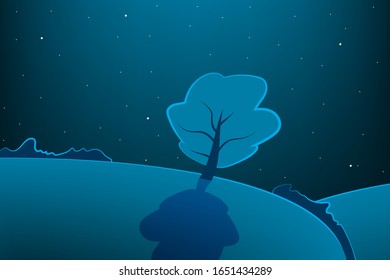 Outdoor vector illustration design. Nature at night. Beautiful landscape with tree. Illustration for your project. 