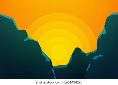 Outdoor vector illustration design. Nature at sunset. Beautiful landscape with mountain and sun. Illustration for your project. 