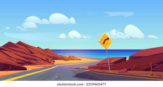 Outdoor vector road trip to sea coast landscape background. Rock nature winding rocky pathway to ocean water. Stunning empty valley with sand ground in summer. Cloudy empty asphalt route illustration