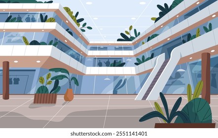 Outdoor view at mall or business center. Vector urban building for commercial architecture, storefronts, and pedestrian areas in a modern city plaza. Retail facade of shopping center or corporate hub