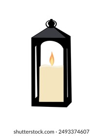 Outdoor vintage lantern with candle. Lighting on stand lamp. Park, patio, garden decor. Design element for interior, landscape design. Vector hand drawn flat illustration on white background.