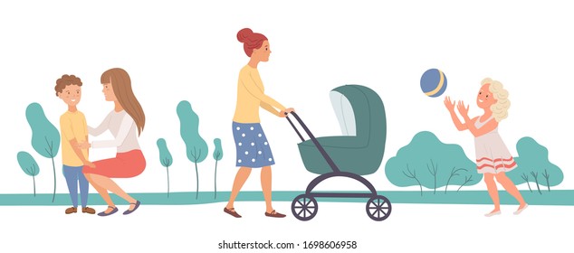 Outdoor walk. Children and parents in town, walking. The girl plays ball. Happy childhood.