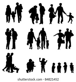 Outdoor walking Family silhouette. Mother, father with children.
Isolated on white, vector