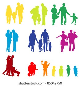Outdoor walking Family silhouette. Mother, father with children.
Isolated on white, vector