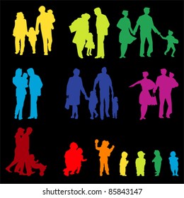 Outdoor walking Family silhouette. Mother, father with children, vector
