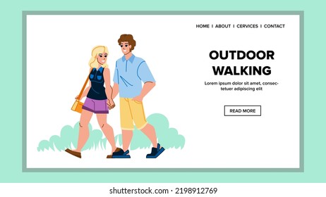 outdoor walking vector. walk woman, happy lifestyle, person nature, exercise street, young man, adult healthy outdoor walking character. people flat cartoon illustration