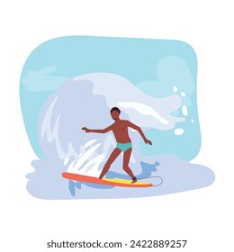 Outdoor Water Sports Action. African american man Surfing with Surfboard on Big Wave