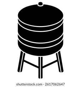 Outdoor water tank on metal stand in black and white silhouette

