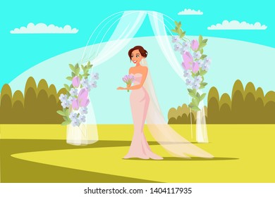Outdoor wedding ceremony flat vector illustration. Bride, fiancee cartoon characters. Decorative arch. Flower bouquet, draping, dress, gown. Bridal entrance, gate. Marriage celebration in park