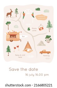 Outdoor wedding invitation template. Party map with decorative arch, camping bar, photo and lounge zone. Holiday, weekend on nature, marriage ceremony concept. Vector summer illustration.