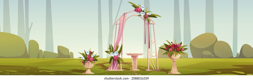 Outdoor wedding reception with floral arch and flowers in pots. Vector cartoon illustration of summer garden or park landscape with objects for marriage ceremony, green trees and grass