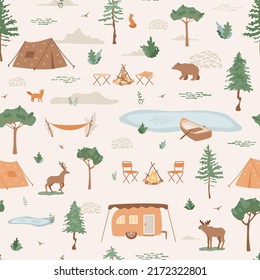 Outdoor weekend, camping, traveling concept, vacation in forest, illustration with tents, van camper. Vector seamless pattern for tourism design. Wildlife animals moose, bear, deer, fox. Nature scene.