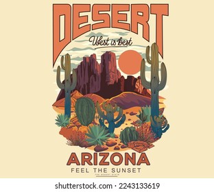  Outdoor western retro artwork. Arizona desert t-shirt design. Sunrise the Desert Vibes in Arizona, Mountain vector graphic print design for apparel, stickers, posters, background and others.