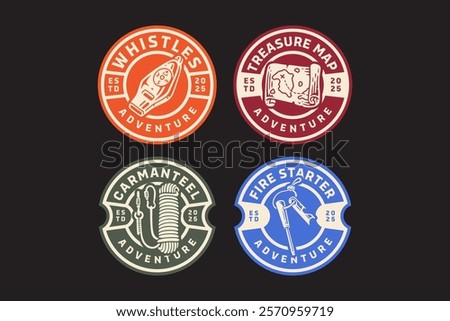 outdoor whistle with compass, geographical map, climbing rope with carabiner, fire starter survival tool  retro badge logo vector design collection set for adventure, explorer, mountaineer and hiker