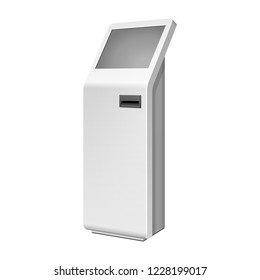 Outdoor White Metal ATM, Automated Teller Machine, Payment Terminal, Advertising Stand On White Background. 3D Mock Up, Template. Illustration Isolated On White Background. Vector EPS10