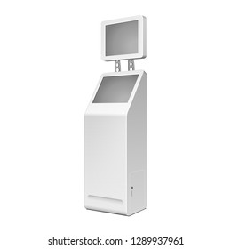 Outdoor White Metal ATM, Automated Teller Machine, Payment Terminal, Advertising Stand On White Background. 3D Mock Up, Template. Illustration Isolated On White Background. Vector EPS10