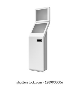 Outdoor White Metal ATM, Automated Teller Machine, Payment Terminal, Advertising Stand On White Background. 3D Mock Up, Template. Illustration Isolated On White Background. Vector EPS10