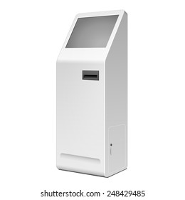 Outdoor White Metal ATM, Automated Teller Machine, Payment Terminal, Advertising Stand On White Background. 3D Mock Up, Template. Illustration Isolated On White Background. Vector EPS10