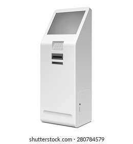 Outdoor White Metal ATM, Automated Teller Machine, Payment Terminal, Advertising Stand On White Background. 3D Mock Up, Template. Illustration Isolated On White Background. Vector EPS10