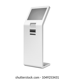 Outdoor White. Payment Terminal. ATM, POS, POI Advertising Stand On White Background. 3D Mock Up, Template. Illustration Isolated On White Background. Vector EPS10