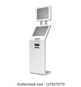 Outdoor White. Payment Terminal. ATM, POS, POI Advertising Stand On White Background. 3D Mock Up, Template. Illustration Isolated On White Background. Vector EPS10